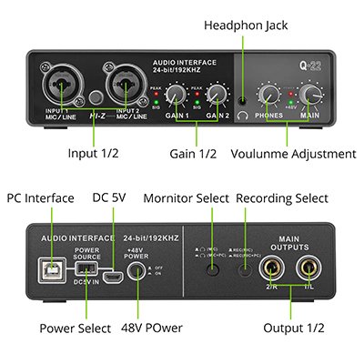 TEYUN Q-22 USB Audio Interface for Recording Music, AudioBox Mic Preamps 48V 2 Channel - Image 2